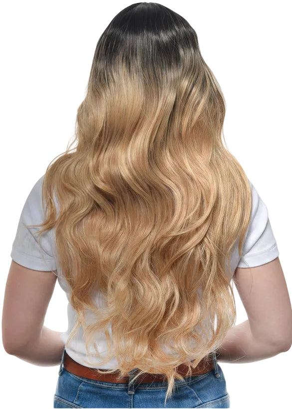 Women's Honey Blonde Rooted Curly Synthetic Fashion Wig with Lace Part - Back Image