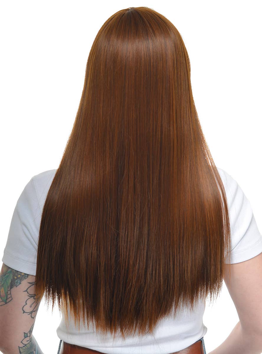 Womens Warm Mixed Brown Long Straight Fashion Wig with Fringe and Skin Top - Back Image