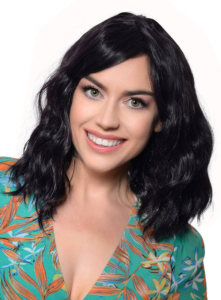 Deluxe Black Mid-Length Wavy Fashion Wig for Women - Front View