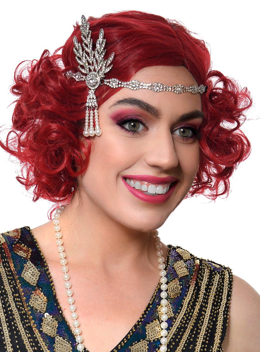 Womens Bright Red Curly 1920s Flapper Costume Wig - Alternate Front Image