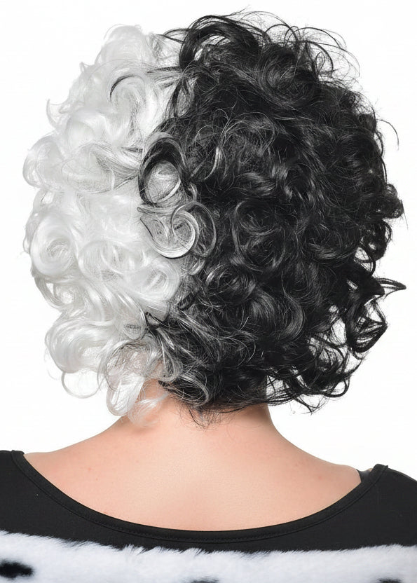 Extra Short Curly Black and White Split Colour Cruella Costume Wig - Back View