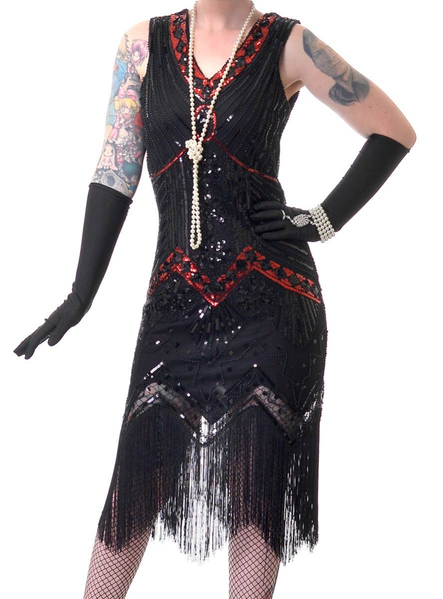 Women's Deluxe Black and Red Sequinned 1920s Gatsby Dress Costume - Close View