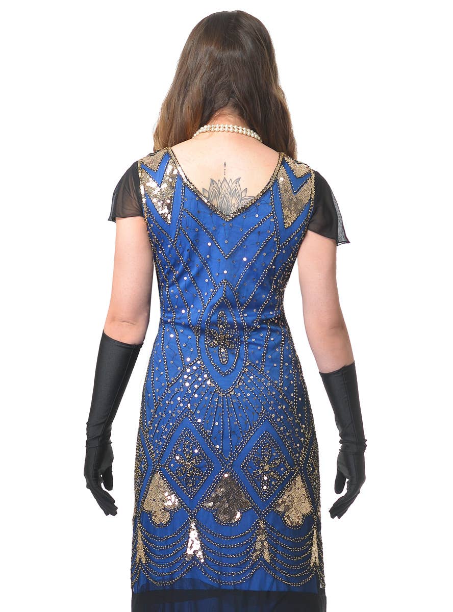 Blue Gold and Black Deluxe 1930s Hollywood Movie Star Long Beaded Vintage Dress - Close Back Image