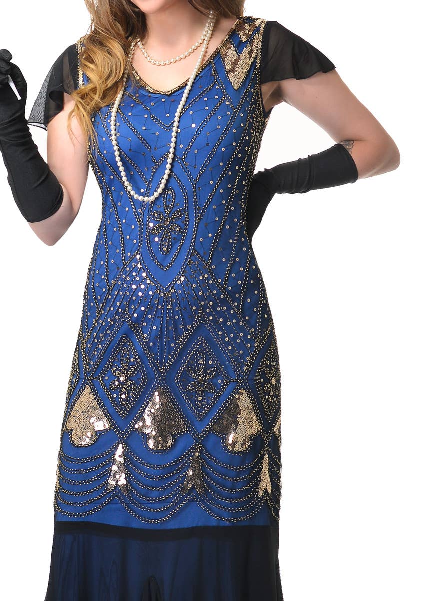 Blue Gold and Black Deluxe 1930s Hollywood Movie Star Long Beaded Vintage Dress - Close Front Image