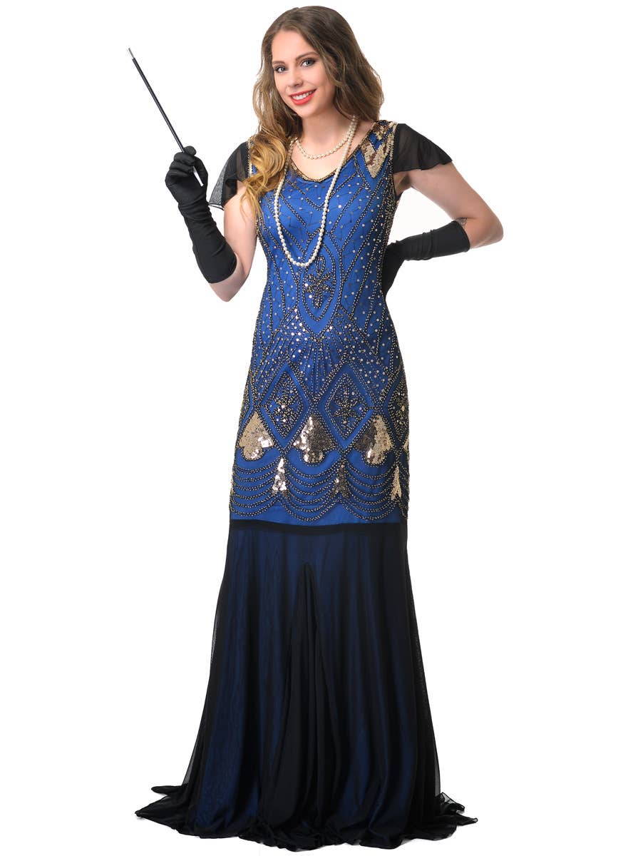 Blue Gold and Black Deluxe 1930s Hollywood Movie Star Long Beaded Vintage Dress - Main Image