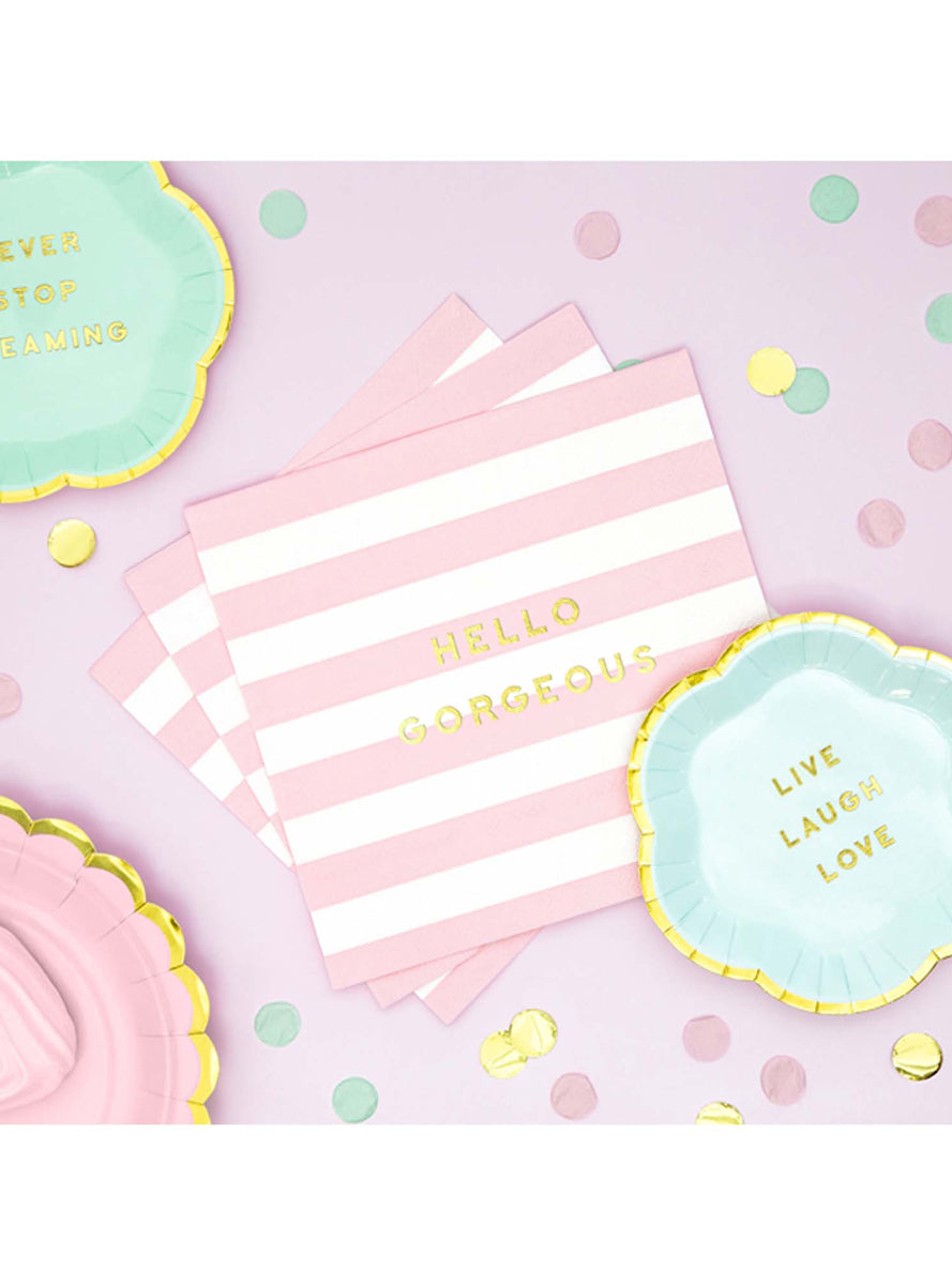 Hello Gorgeous 20 Pack Pink and White Striped Lunch Napkins - Lifestyle Image 1