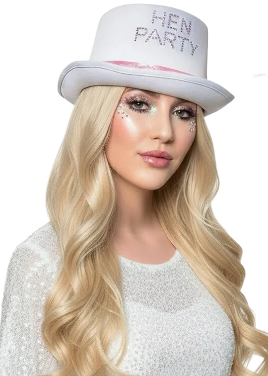 Womens White Hen Party Top Hat with Veil - Main Image