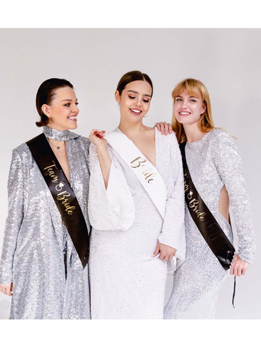 Hens Night 6 Pack Black and White Bride and Team Bride Sash Set - Lifestyle Image