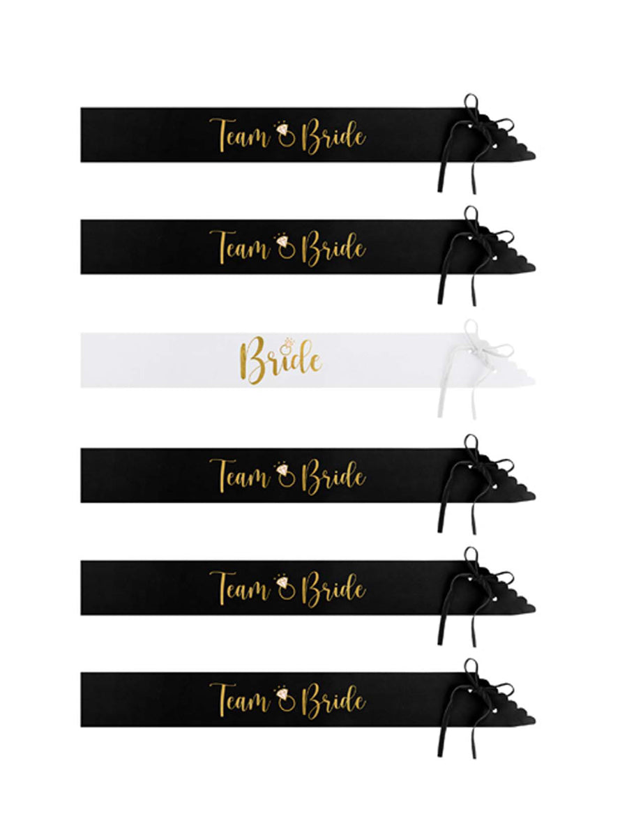 Hens Night 6 Pack Black and White Bride and Team Bride Sash Set - Main Image