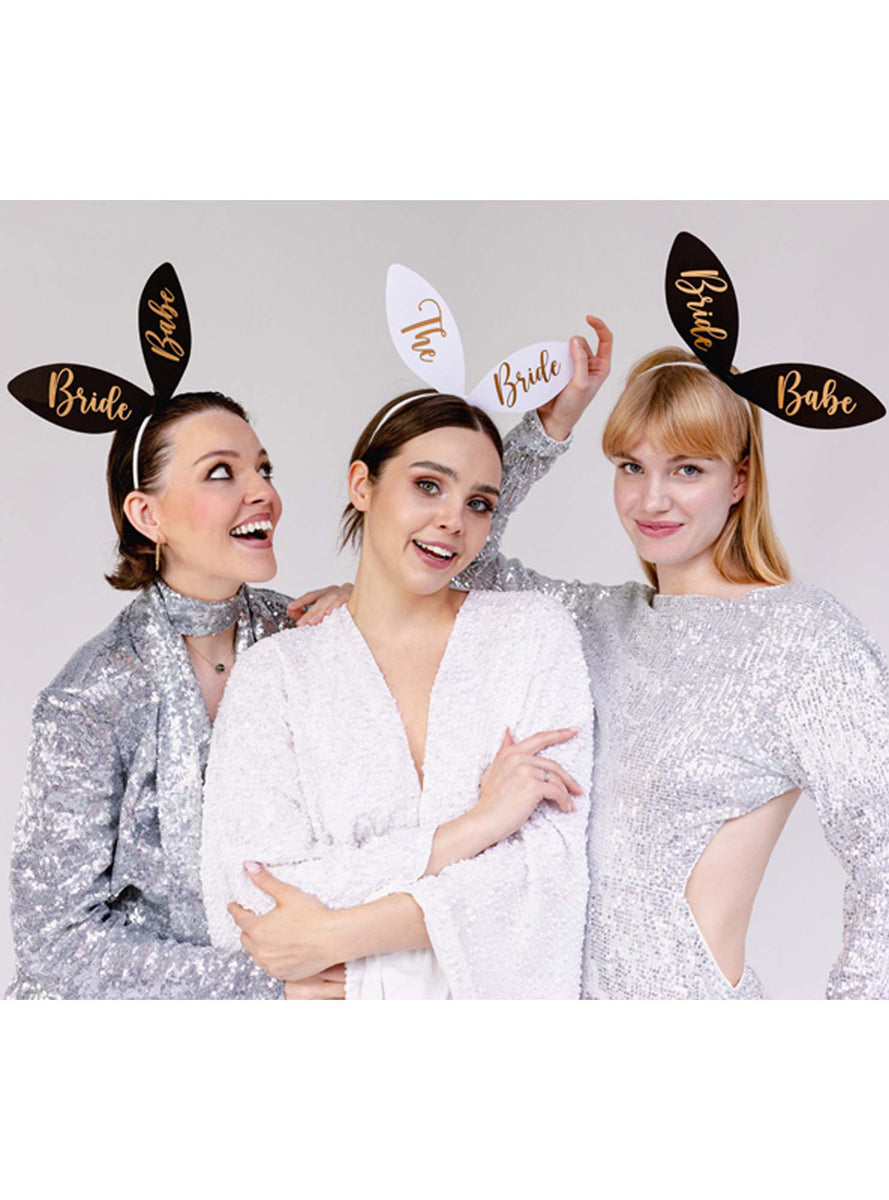 Hens Party 6 Pack Bride and Bride Babe Black and White Headbands - Lifestyle Image