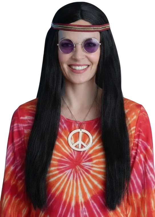 Womens Long Black Hippie Girl Costume Wig With Headband - main image
