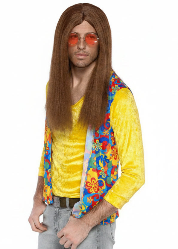 Mens Long Brown Hippie Guy Costume Wig - main image