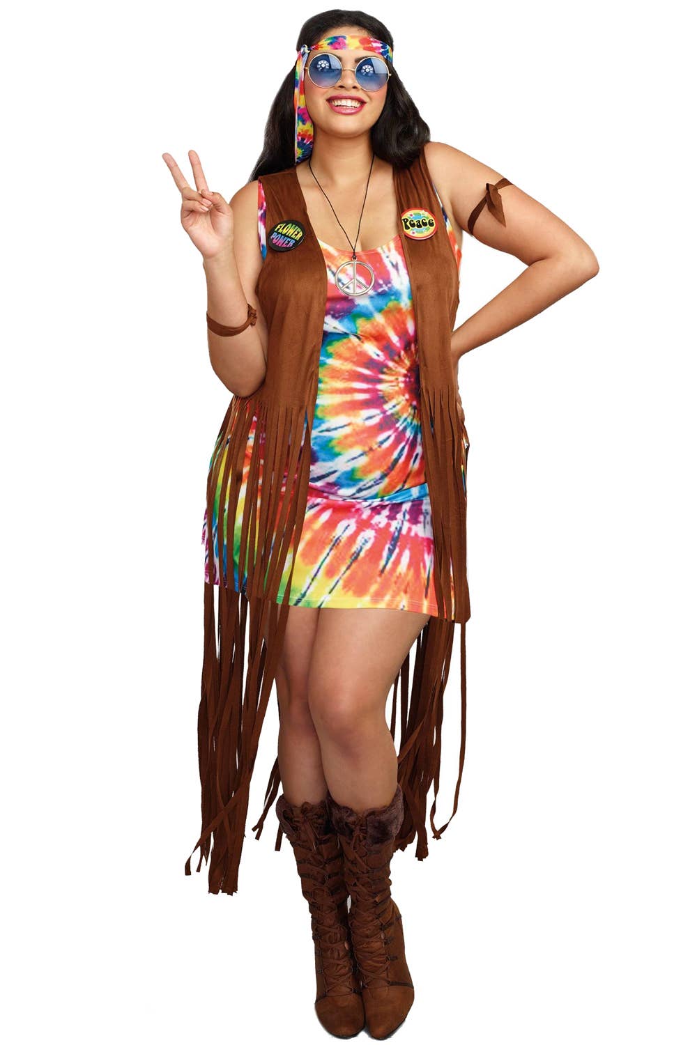 Plus Size Women's Tie Dye Hippie Fancy Dress Costume With Fringed Vest
