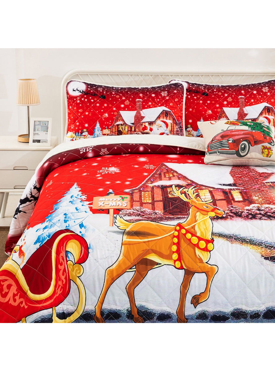 Holiday Cheer Christmas Print Queen Size Quilt Cover Set - Close Image 2