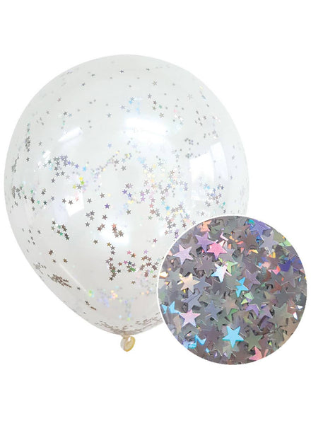 Image of Holographic Silver Star Confetti Filled 3 Pack 30cm Latex Balloons