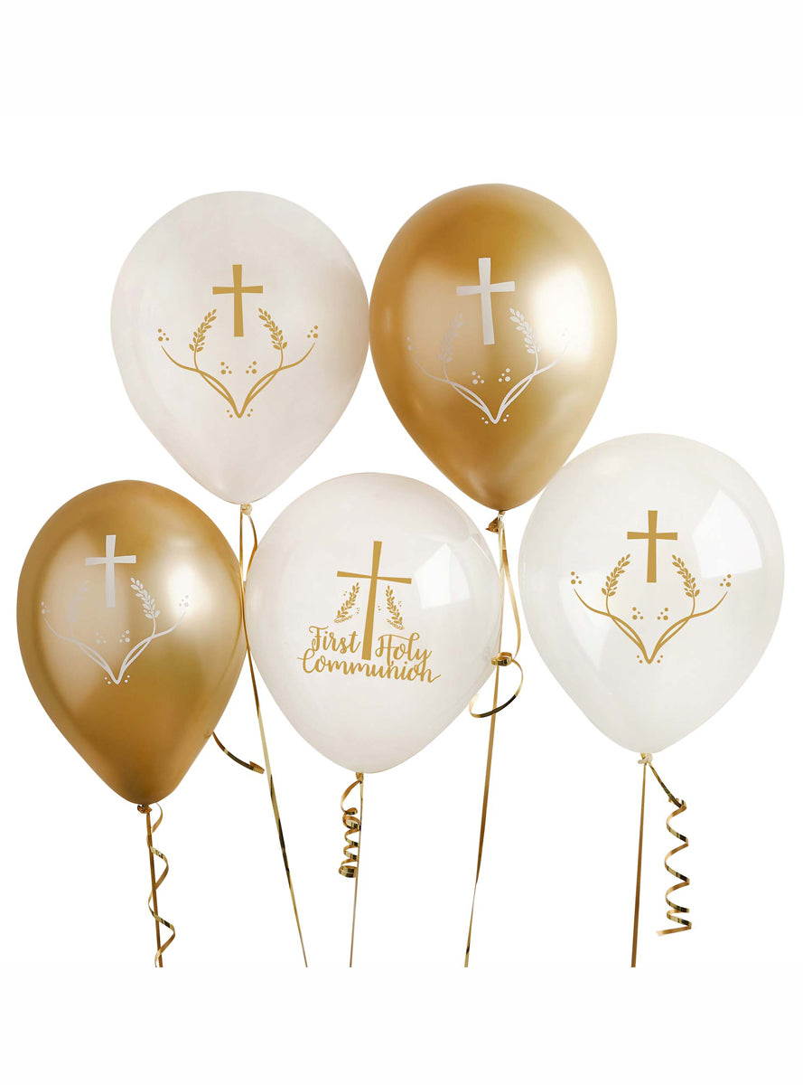 Holy Communion 5 Pack White and Gold 30cm Latex Balloons - Main Image