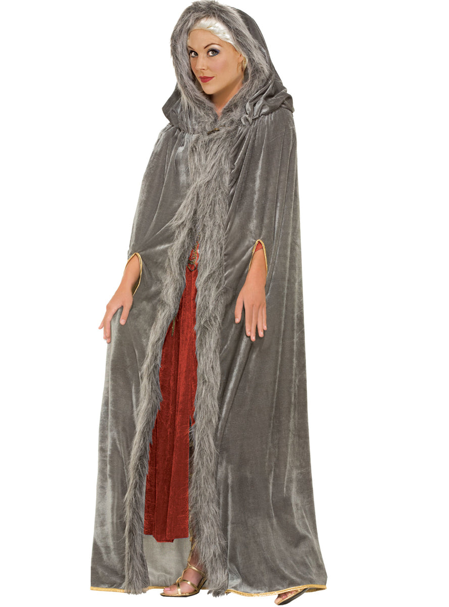 Hooded Grey Costume Cape with Faux Fur Trim - Main Image