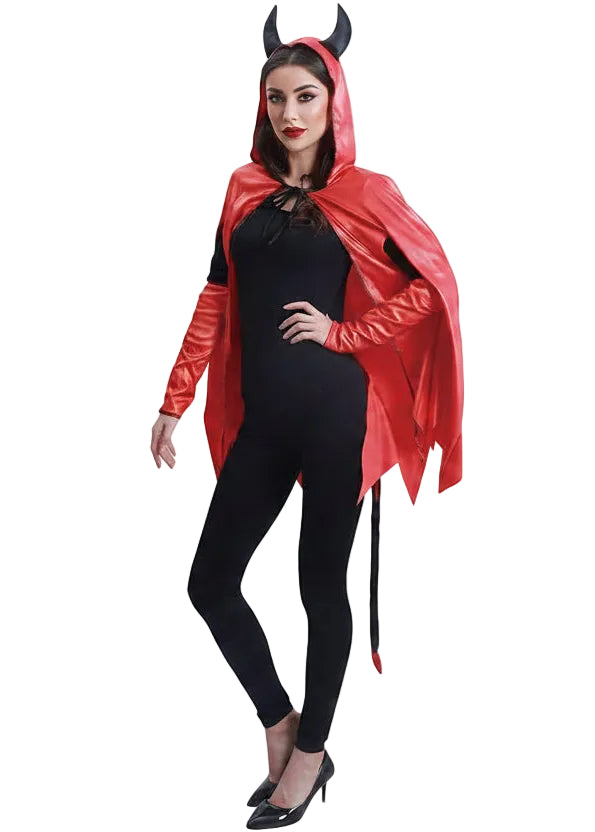 Image of Short Horned Red Devil Halloween Costume Cape - Alternate Image