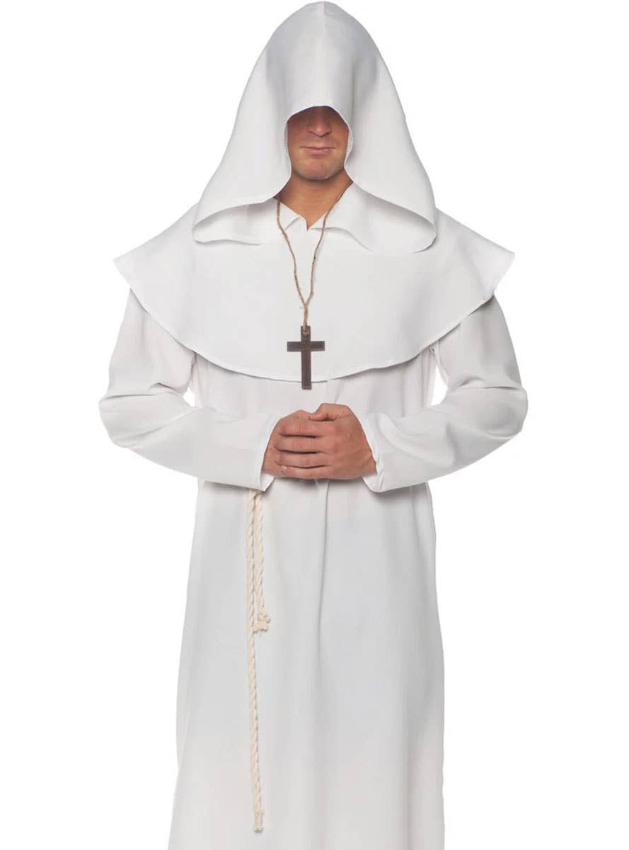 Image of Hooded White Monk Men's Costume Robe - Close Image