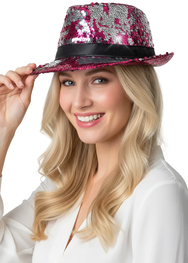 Adults Fedora Hat with Pink and Silver Reversible Sequins - Main Image