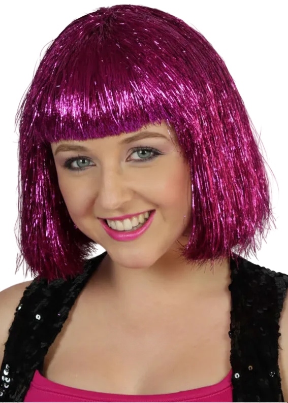 Womens Hot Pink Tinsel Bob Costume Wig With Fringe - Main Image