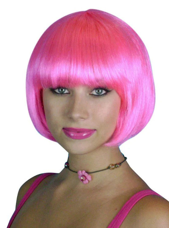 Womens Short Hot Pink Bob Costume Wig With Fringe