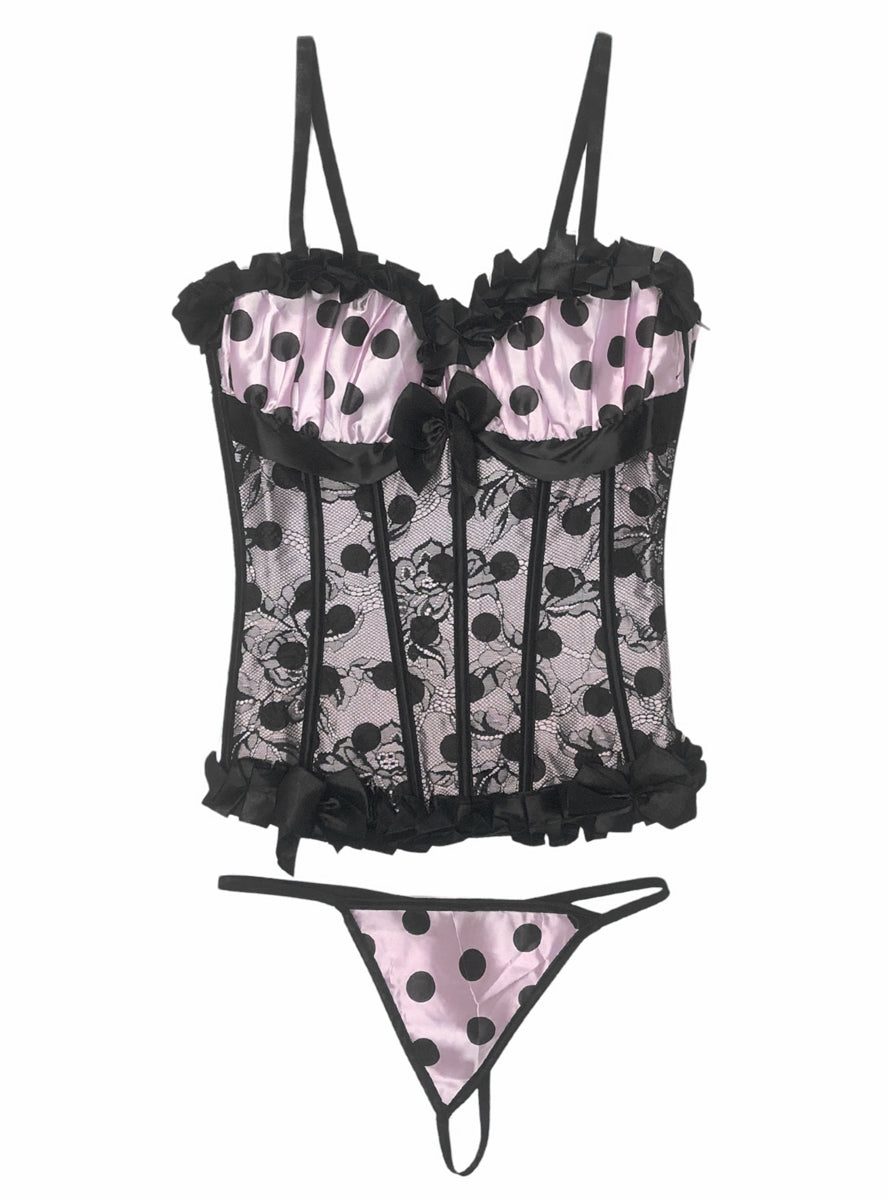 Sr 38 Musl 52818 Womens Sexy Pink And Black Polka Dot Corest And G String Lingerie Set Main Image 1200