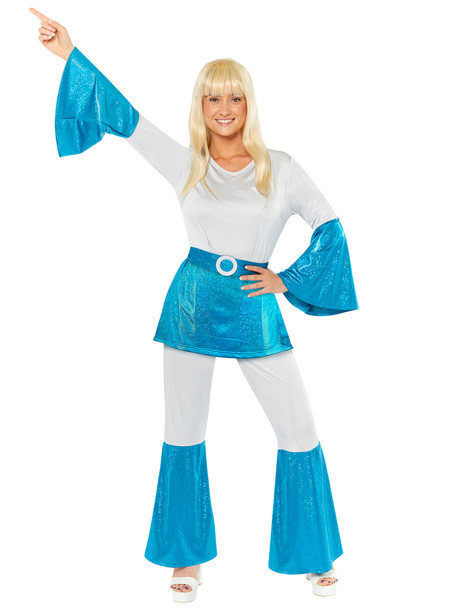 ABBA Womens Plus Size Blue And White 70s Disco Costume - Main Image