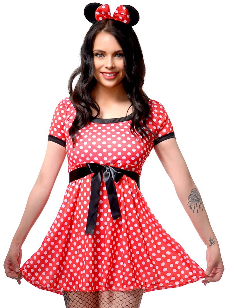 Women's Red and White Polka Dot Minnie Mouse Fancy Dress Costume Close Up Image