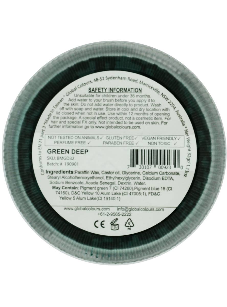 Deep Green Water Based Face and Body Cake Makeup - Back Image