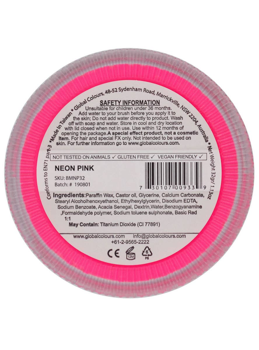 Neon Pink Water Based Face and Body Cake Makeup - Back Image