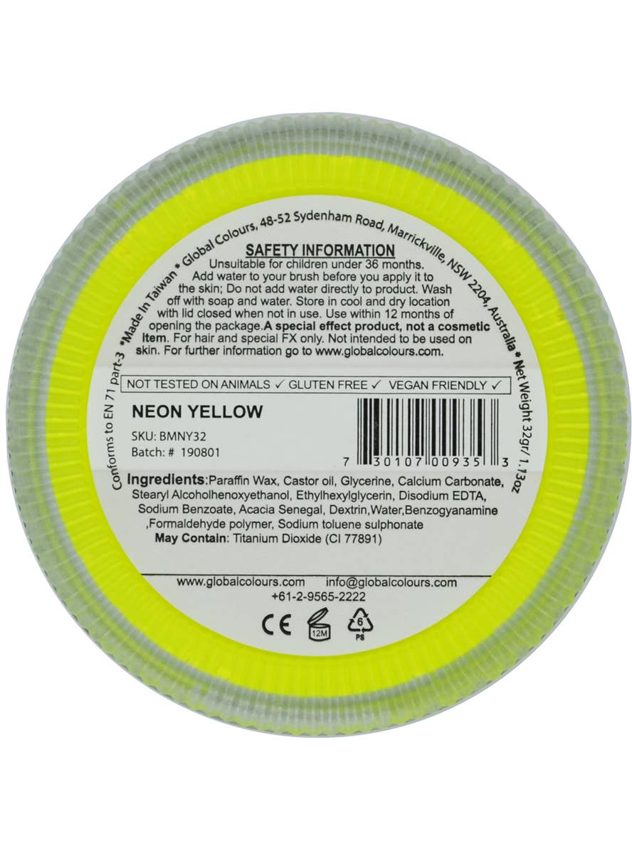 Neon Yellow Water Based Face and Body Cake Makeup - Back Image