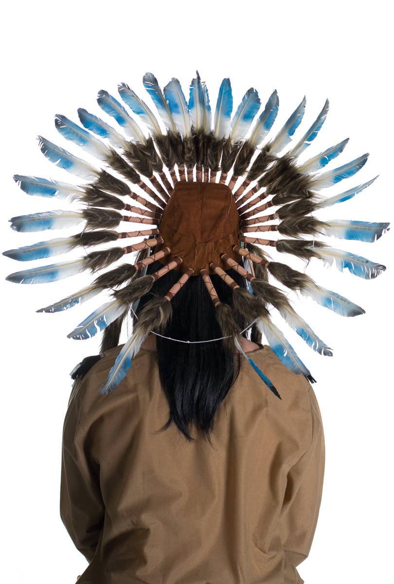 Blue and White Deluxe Indian Chief Feather Headdress - Back View