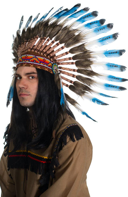 Blue and White Deluxe Indian Chief Feather Headdress - Front View