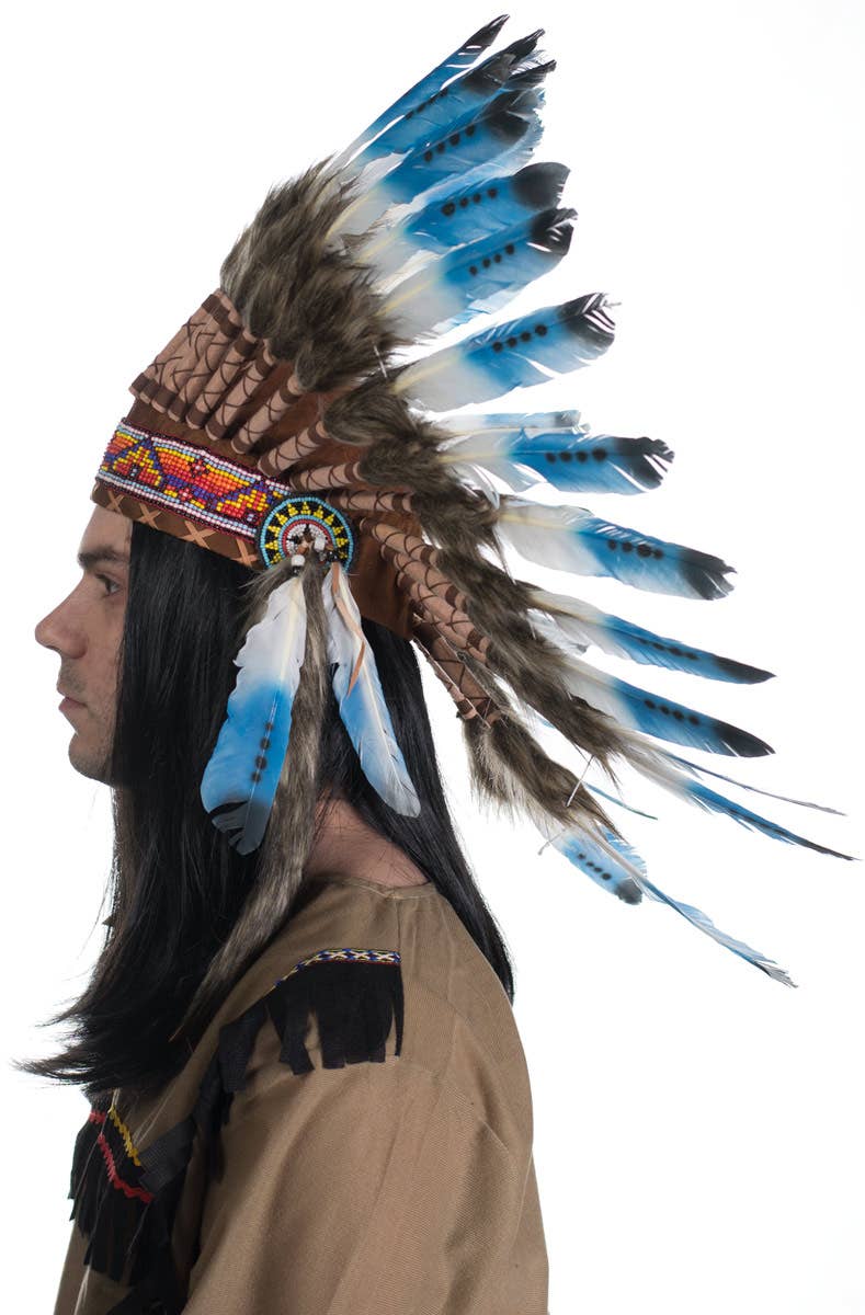 Blue and White Deluxe Indian Chief Feather Headdress - Side View