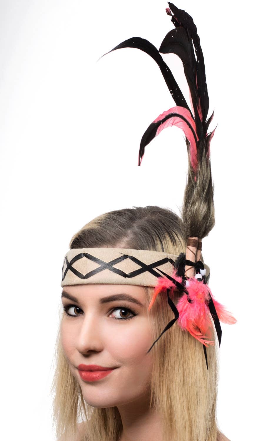 Deluxe Native American Indian Black and Pink Feather Headband - Alternate View
