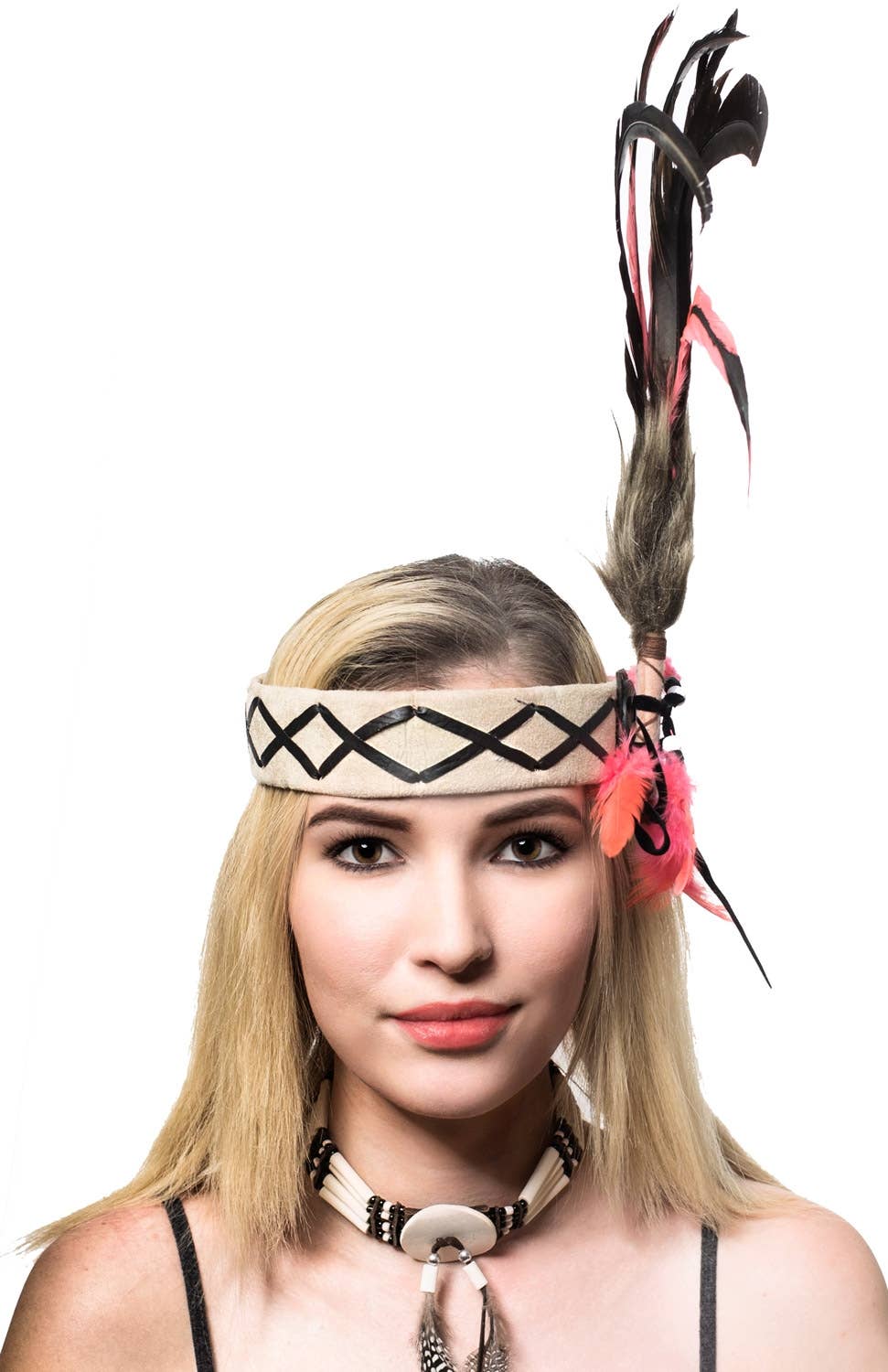 Deluxe Native American Indian Black and Pink Feather Headband - Alternate Front View
