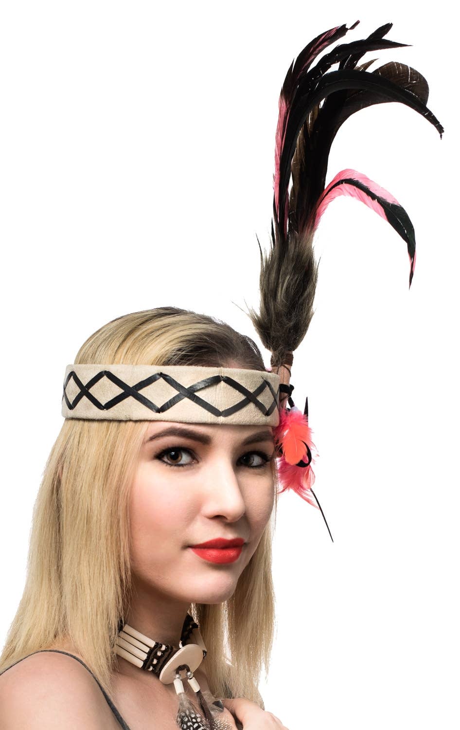 Deluxe Native American Indian Black and Pink Feather Headband - Side View 2