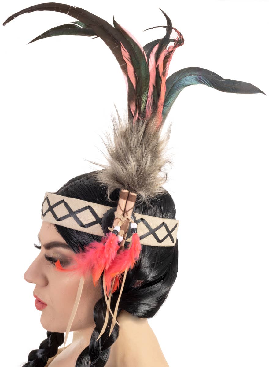 Deluxe Native American Indian Black and Pink Feather Headband - Side View 1