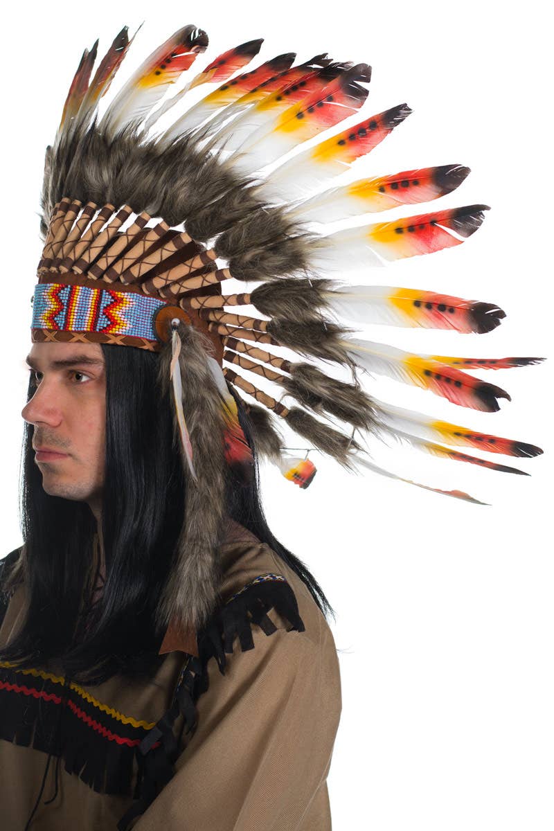Red and Yellow Deluxe Indian Chief Feather Headdress Side