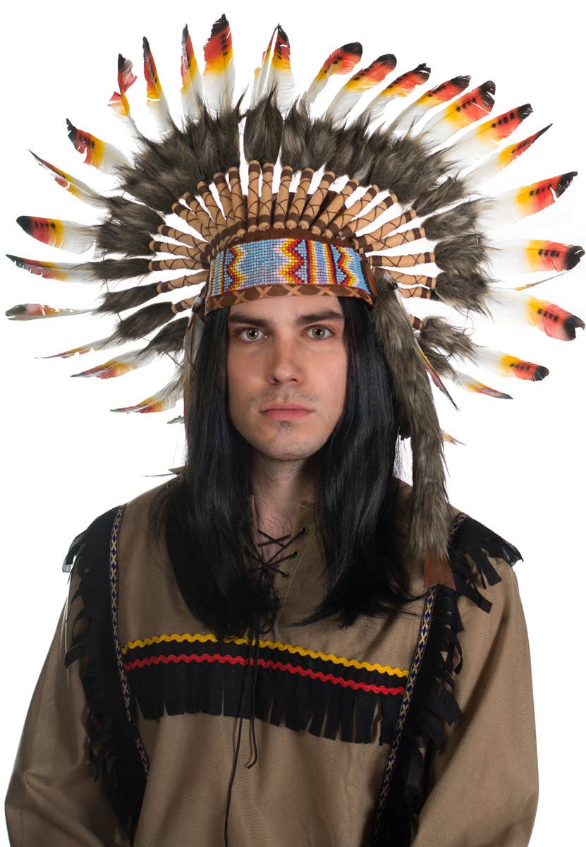 Red and Yellow Deluxe Indian Chief Feather Headdress Front