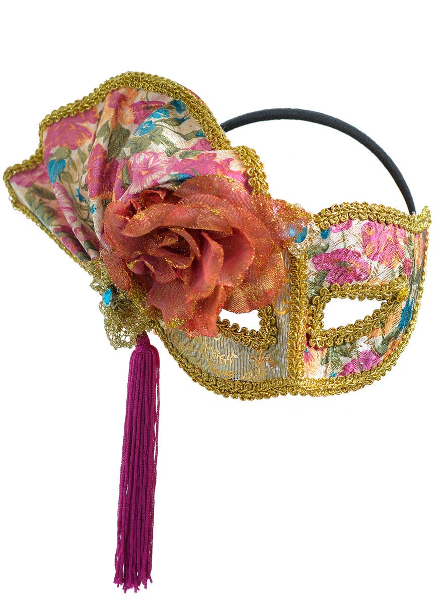 Pink, Orange and Gold Brocade Masquerade Mask