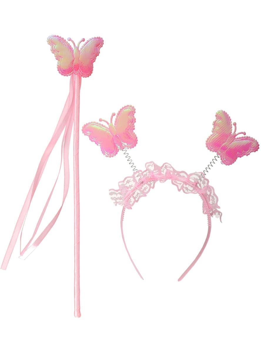 Image of Iridescent Pink Girls Butterfly Wand and Headband Set