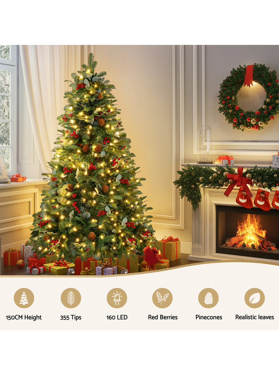 Jingle Jollys 150cm Warm White Prelit Christmas Tree with Pine Cones and Berries - Info Image 1