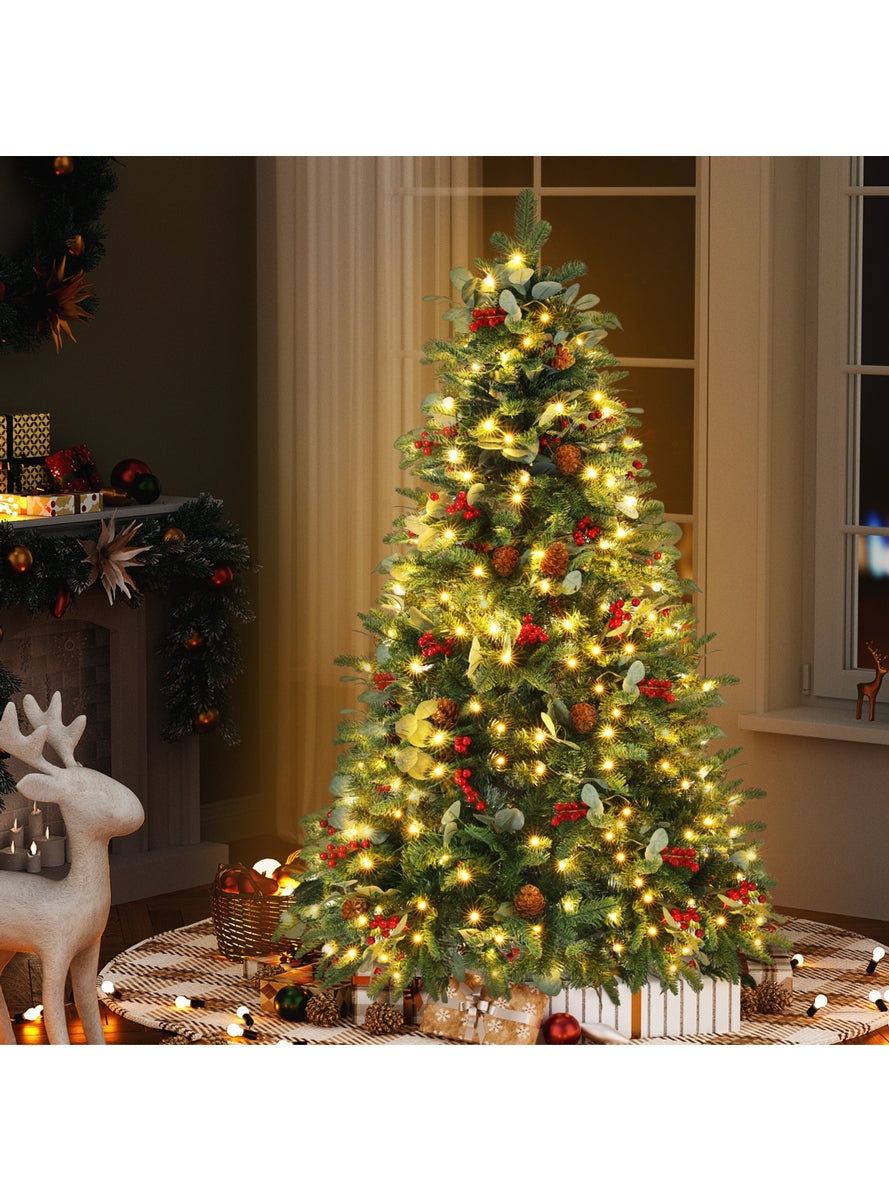 Jingle Jollys 150cm Warm White Prelit Christmas Tree with Pine Cones and Berries - Lit Image