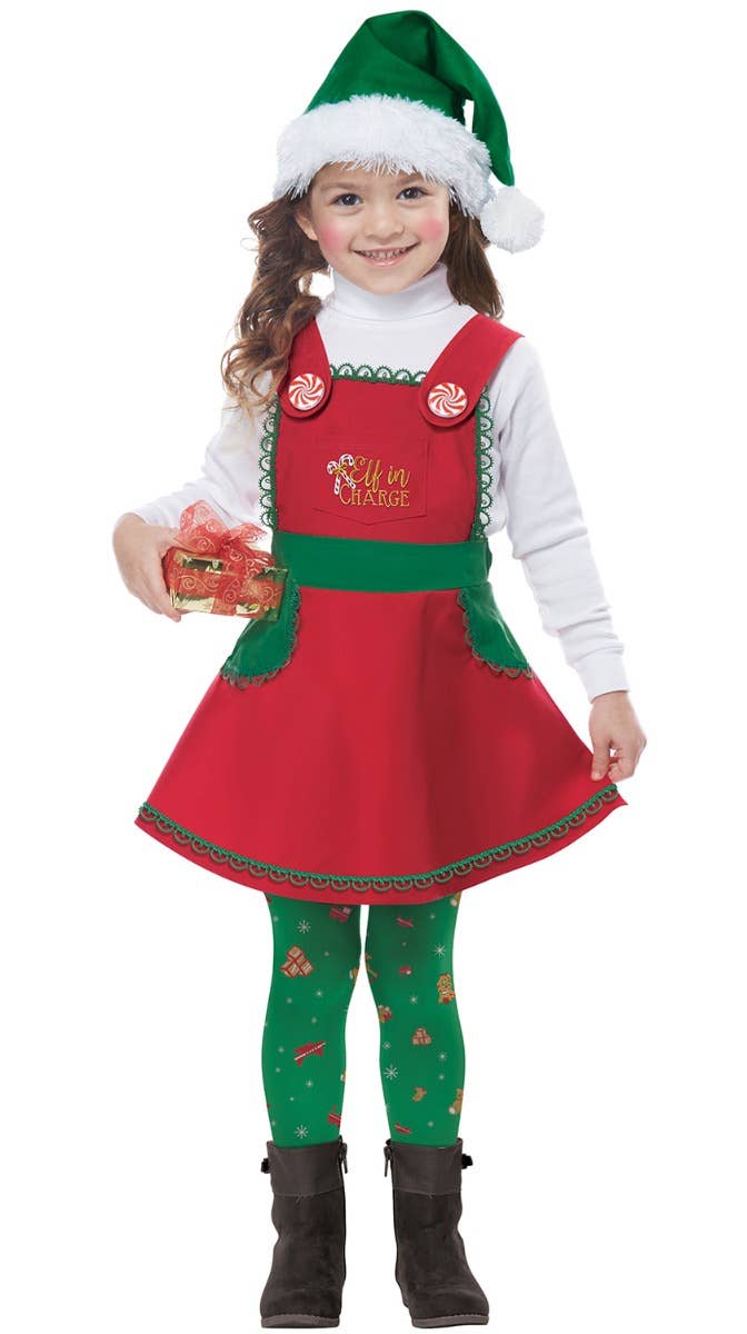 Toddler Girl's Christmas Elf In Charge Green And Red Holiday Fancy Dress Costume Main Image