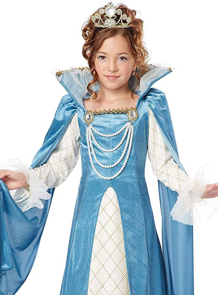 Blue and White Girl's Renaissance Queen Costume Close Up View