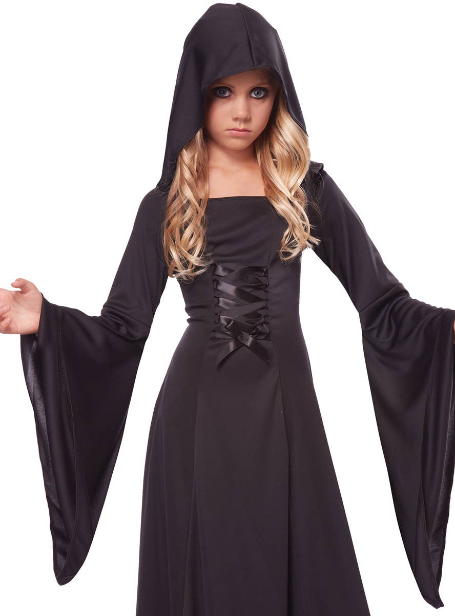 Long Black Hooded Robe Girl's Halloween Costume Front View
