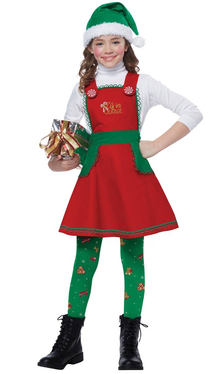 Girl's Christmas Elf In Charge Green And Red Holiday Fancy Dress Costume Main Image