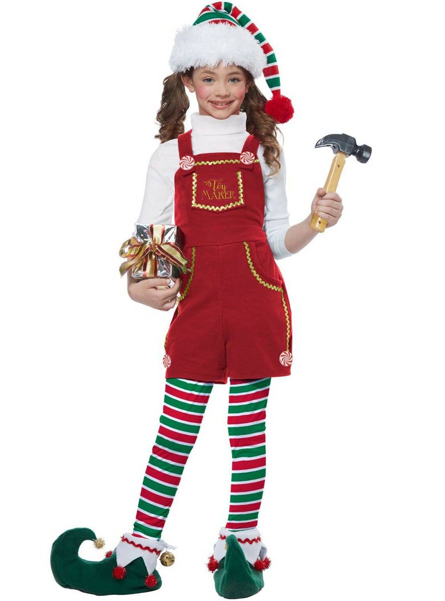 Image of Girl's Red Holiday Toymaker Elf Christmas Fancy Dress Costume